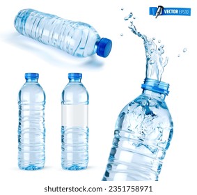 Ilustración vectorial realista de botellas de agua sobre un fondo blanco.