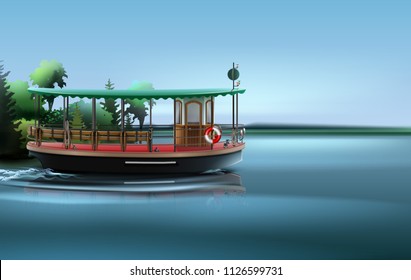 Vector realistic illustration of water bus boat transport taxi waterbus marina in retro style on water isolated on landscape background