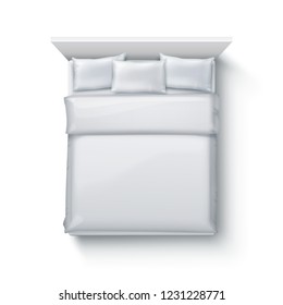 Vector realistic illustration of white bed with three satin pillows and blanket isolated on white background, top view