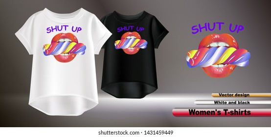 
Vector realistic illustration of white and black t-shirts. Fashionable women's t-shirts with a print. Vector image of female lips with candy.