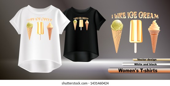 Vector realistic illustration of white and black t-shirts. Fashionable women's t-shirts with a print. Vector image of ice cream.