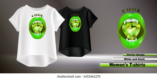 
Vector realistic illustration of white and black t-shirts. Fashionable women's t-shirts with a print. Vector image of green female lips and crystal heart.