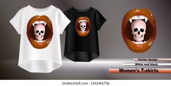 Vector realistic illustration of white and black t-shirts. Fashionable women's t-shirts with a print. Vector image of brown female lips and skull.