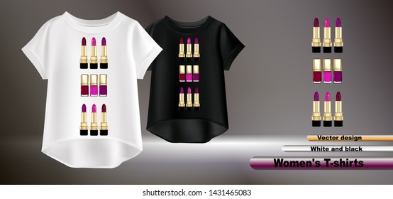 Vector realistic illustration of white and black t-shirts. Fashionable women's t-shirts with a print. Vector image of female cosmetics.