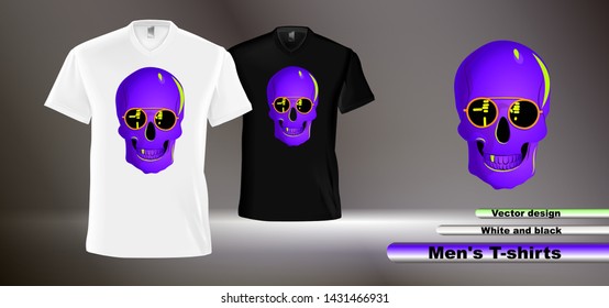 Vector realistic illustration of white and black t-shirts. Fashionable men's t-shirts with a print. Vector neon image of a skull with glasses.