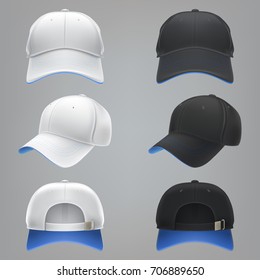 Vector realistic illustration of a white and black textile baseball cap with a blue visor, front, back and side view, isolated on white. Print, template, moc up, design element