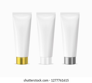 Vector realistic illustration of white blank plastic closed beauty cosmetic tube set isolated on white background. White, gold and silver cap. Design template for graphics, product packaging, mockup.