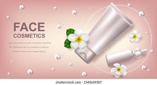 Vector realistic illustration with white blank of a bottle for serum and gel. Tropical Hawaiian flowers frangipani. Banner for advertising and promotion of cosmetic products. 