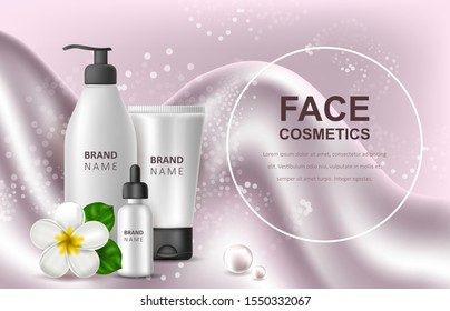 Vector realistic illustration with white blank of a bottle for serum and gel. Tropical Hawaiian flowers frangipani. Banner for advertising and promotion of cosmetic products. Use for posters, cards