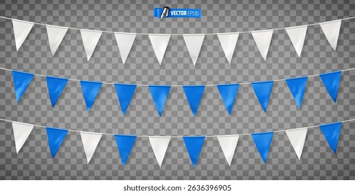 Vector realistic illustration of white and blue pennant garland on a transparent background.