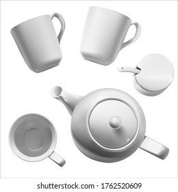 Vector realistic illustration of a white ceramic tableware. Isolated cups, teapot and container.View from above. 