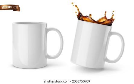 Vector realistic illustration of white ceramic mugs on a white background.