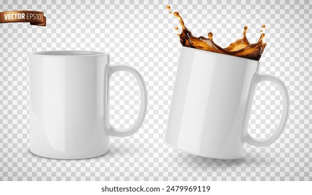 Vector realistic illustration of white ceramic mugs on a transparent background.