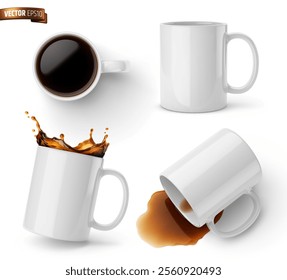 Vector realistic illustration of white ceramic coffee mugs on a white background.