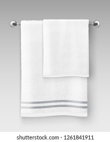 Vector realistic illustration of white clean terry towel hanging on hanger prepared to use isolated on background