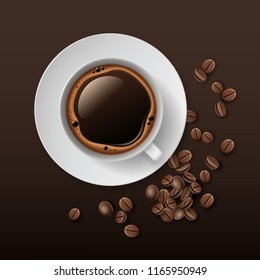 Vector realistic illustration of white cup of coffee with saucer and beans around, top view, isolated on background