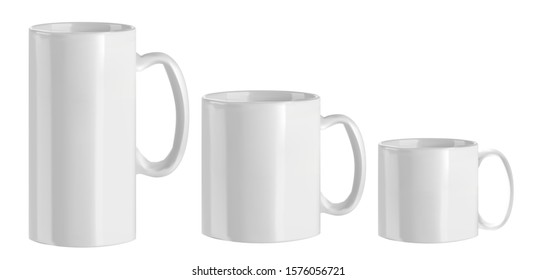 Vector realistic illustration of white cups. Isolated image of cups of different sizes. Ceramic tableware.