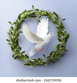 Vector realistic illustration of white dove flying inside laurel wreath. Concept life and peace symbol isolated on background
