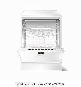 Vector realistic illustration of white empty dishwasher with open door, with two metal racks inside, front view isolated on background. Modern, smart built-in household appliance for washing dishes