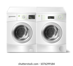 Vector realistic illustration of white front-load washer and dryer, empty inside, with close door isolated on background. Modern household appliance for washing dirty laundry and drying clothes