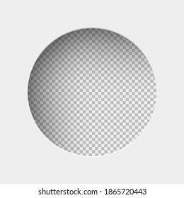 Vector realistic illustration of white paper with shadow, round shaped hole on transparent background with frame for text or photo.