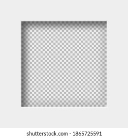 Vector realistic illustration of white paper with shadow, square shaped hole on transparent background with frame for text or photo.