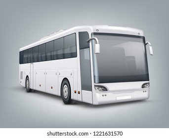 Vector realistic illustration of white passenger bus in perspective view, isolated on background