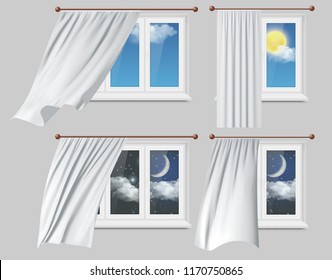 Vector realistic illustration of white plastic windows with white fluttering curtains, day and night sky outside windows.