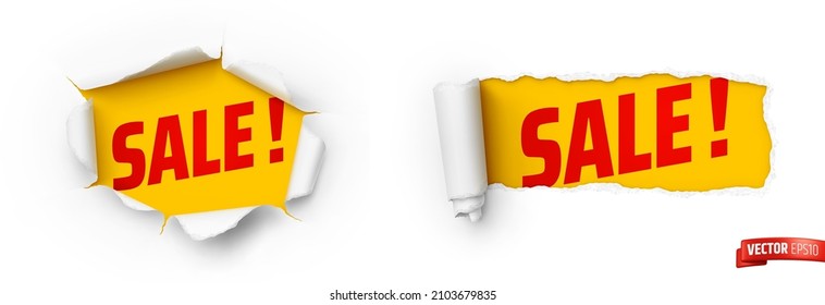 Vector realistic illustration of white ripped paper on a yellow background with sale text.