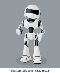 Vector realistic illustration of the white robot. Robot full of enthusiasm.