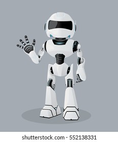 Vector realistic illustration of the white robot. One hand up.