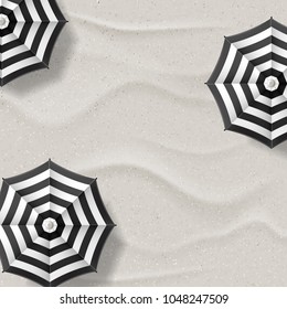 Vector realistic illustration of white sand beach and black white striped umbrellas. Top view summer vacation abstract banner background with place for text