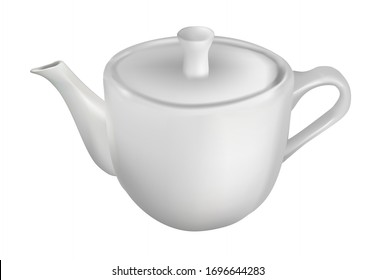 Vector realistic illustration of a white teapot. Isolated image of cookware. Round  ceramic teapot with a lid.
