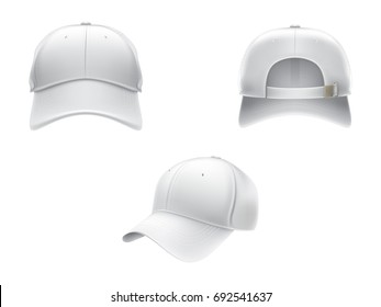 Vector realistic illustration of a white textile baseball cap front, back and side view, isolated on white. Print, template, moc up, design element