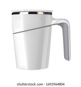 
Vector realistic illustration of a white thermomug. Isolated image of cookware. A cup for hot tea.Ceramic tableware.