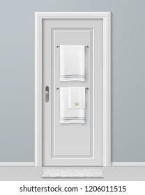 Vector realistic illustration of white towels hanging on hanger on door in modern bathroom