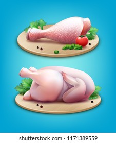 Vector realistic illustration of whole raw chicken hen legs with peppercorns, greens and tomatoes on wooden cutting board isolated on background