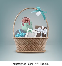 Vector realistic illustration of wicker basket full of gift boxes with bow isolated on background