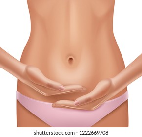 Vector realistic illustration of woman's hands showing belly isolated on white background. Woman health concept