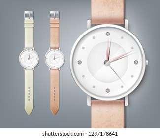 Vector realistic illustration of woman's mechanical watches with gem with yellow and pink bracelet, isolated close up on background