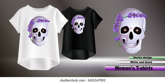 
Vector realistic illustration of women's clothing. White and black women's t-shirts. Vector realistic image of the skull of a man with a wreath of lavender.