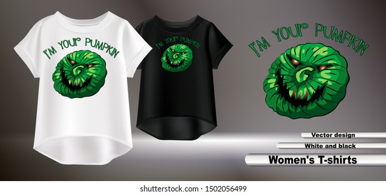 Vector realistic illustration of women's clothing. White and black women's t-shirts. Beautiful print for t-shirts. Drawing of a green pumpkin on Halloween.