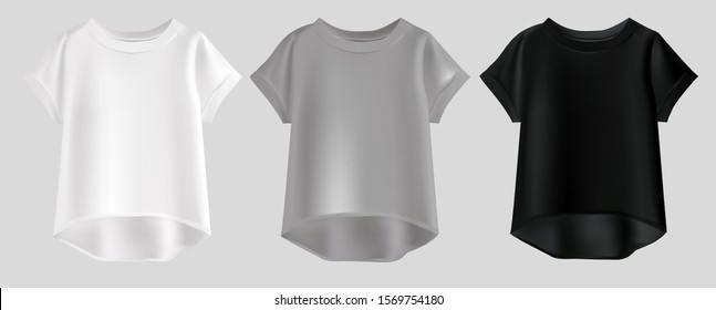 
Vector realistic illustration of women's clothing. Isolated image of t-shirts. White, gray and black t-shirts. T-shirt collection. Casual T-shirts.