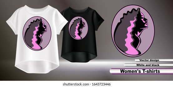 Vector realistic illustration of women's clothing. White and black women's t-shirts. Fashionable print on a t-shirt. Portrait of a girl on a print. Isolated objects. 