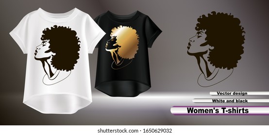 Vector realistic illustration of women's clothing with a print. Isolated image of women's t-shirts. Portrait of a girl on a T-shirt.