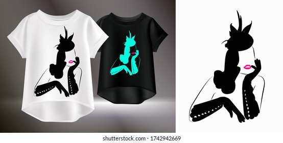 
Vector realistic illustration of women's clothing. An isolated image of a T-shirt with the image of a woman in a hat. Fashion print on a t-shirt.