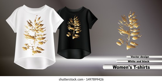 Vector realistic illustration of women's t-shirts. Drawing of gold leaves on a t-shirt.