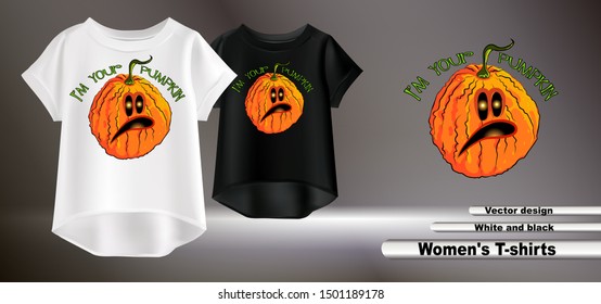 Vector realistic illustration of women's t-shirts. Fashionable print on a t-shirt. Halloween pumpkin pattern.