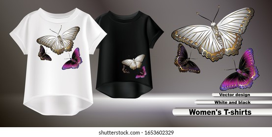 Vector realistic illustration of women's t-shirts with rikun. Isolated image of women's clothing. Fashion print on a t-shirt. Butterfly print.