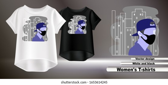 Vector realistic illustration of women's t-shirts with a pattern. Isolated image of women's clothing. Actual print on a t-shirt. Drawing of a guy in a mask on his face on a print.